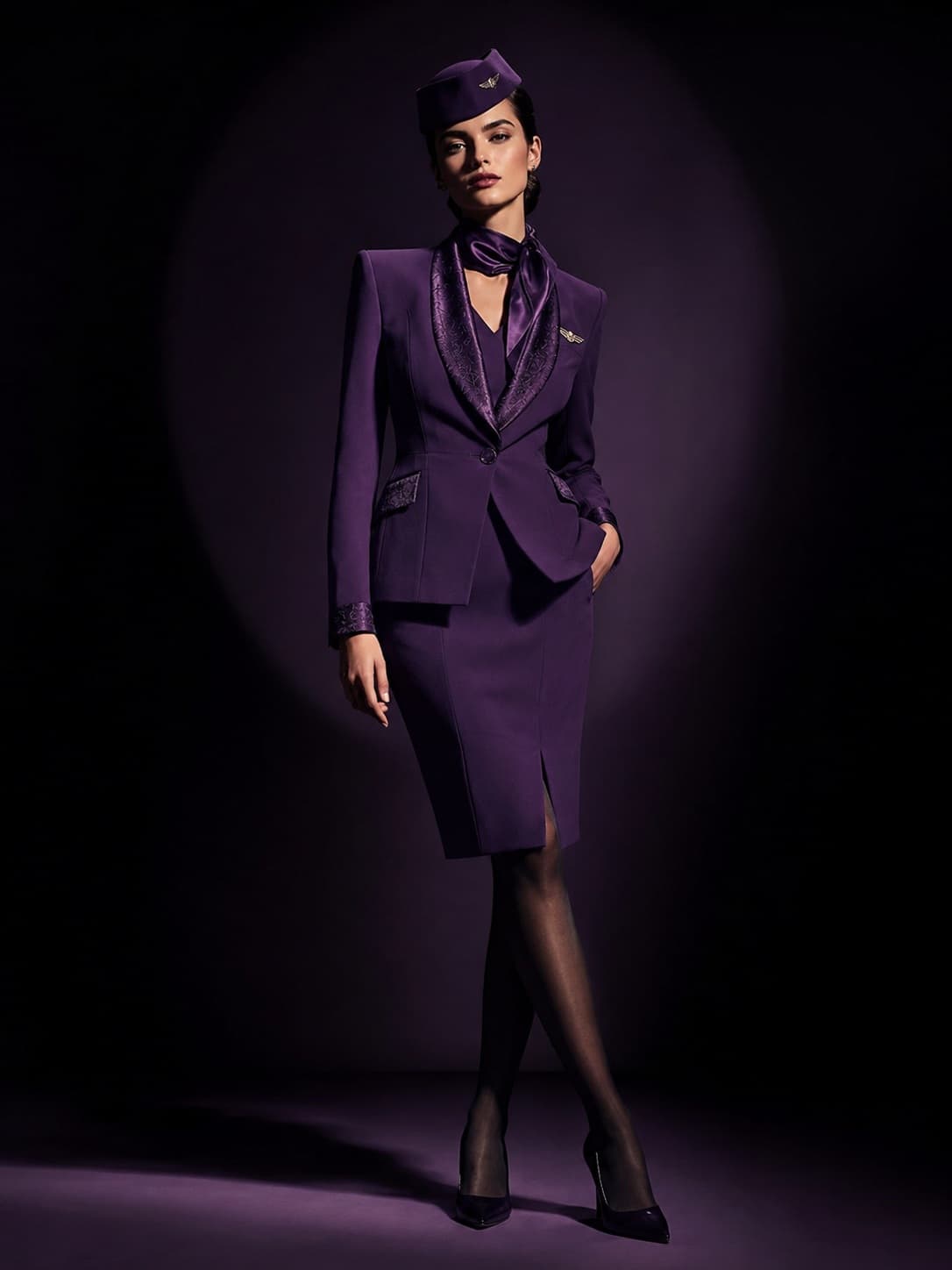 Cabin crew in amethyst tailoring photographed like a couture campaign