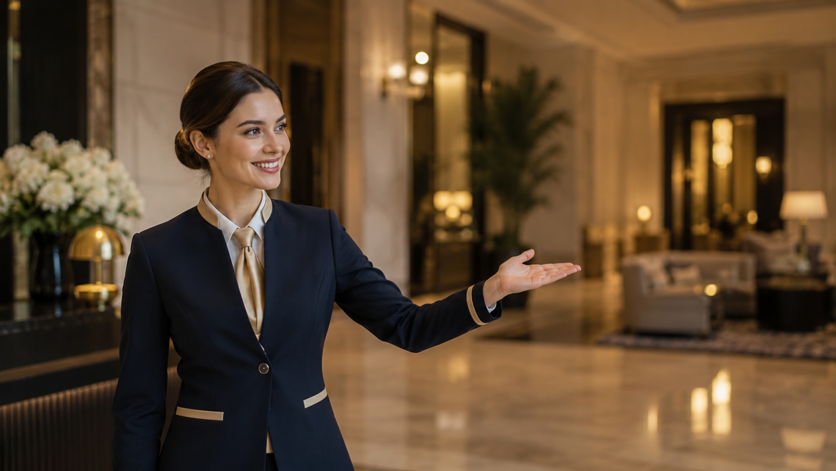 Concierge in a navy and champagne uniform welcoming a guest in a hotel lobby