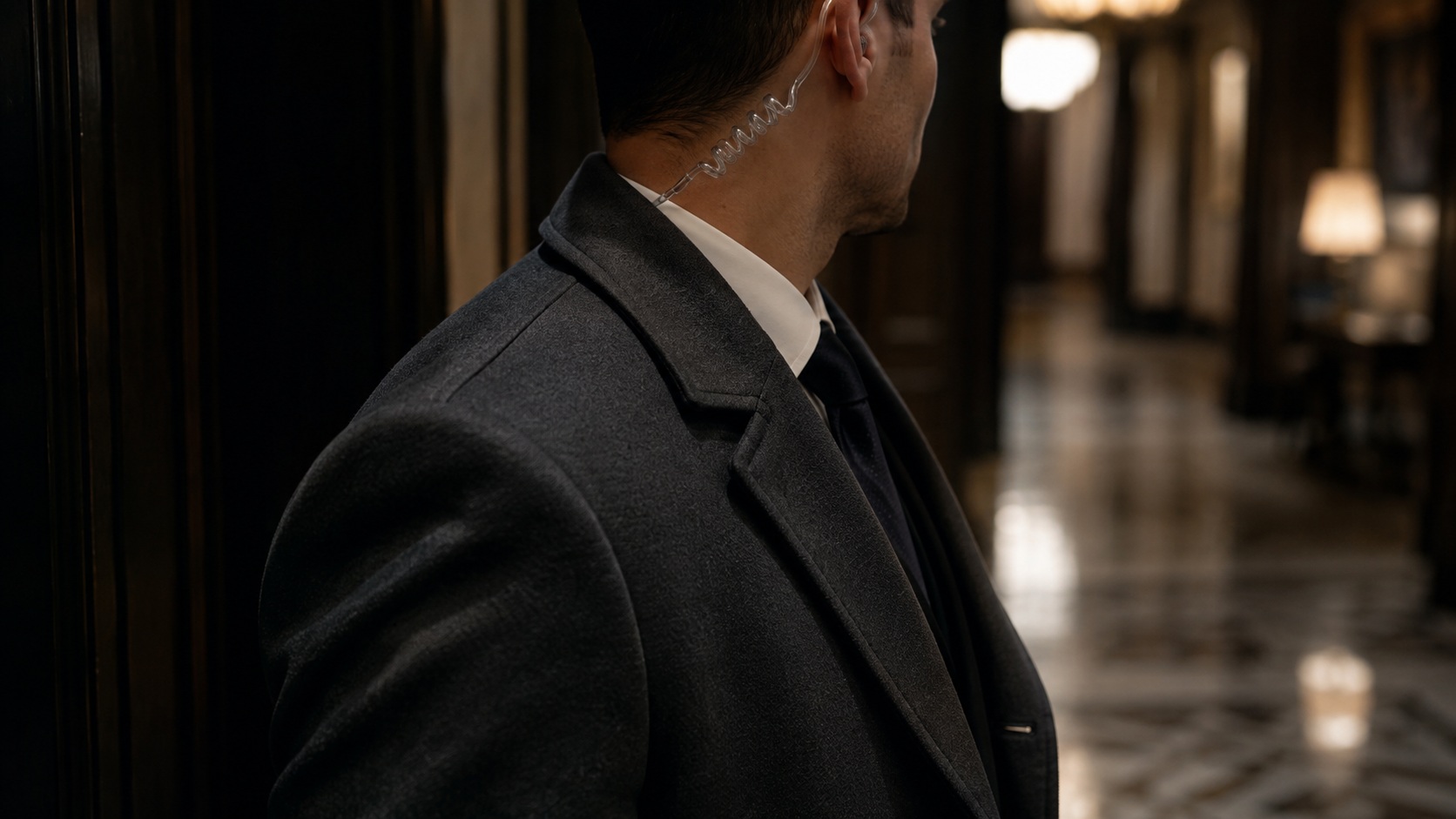 Detail of an anthracite overcoat and earpiece, low light